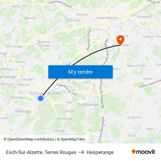 Esch-Sur-Alzette, Terres Rouges to Hesperange map