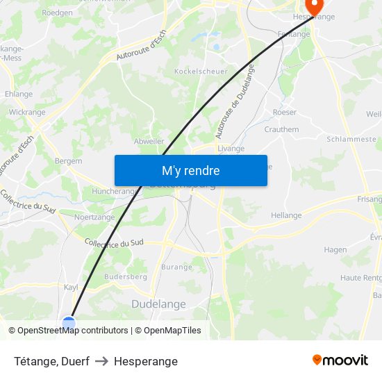 Tétange, Duerf to Hesperange map