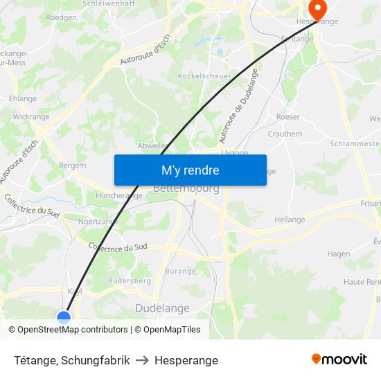 Tétange, Schungfabrik to Hesperange map