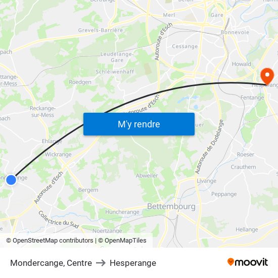 Mondercange, Centre to Hesperange map