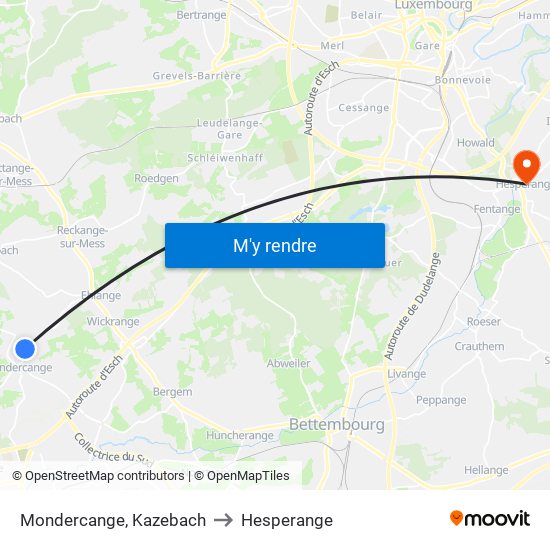 Mondercange, Kazebach to Hesperange map