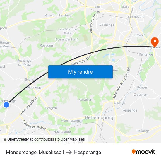 Mondercange, Musekssall to Hesperange map