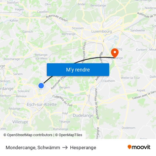 Mondercange, Schwämm to Hesperange map