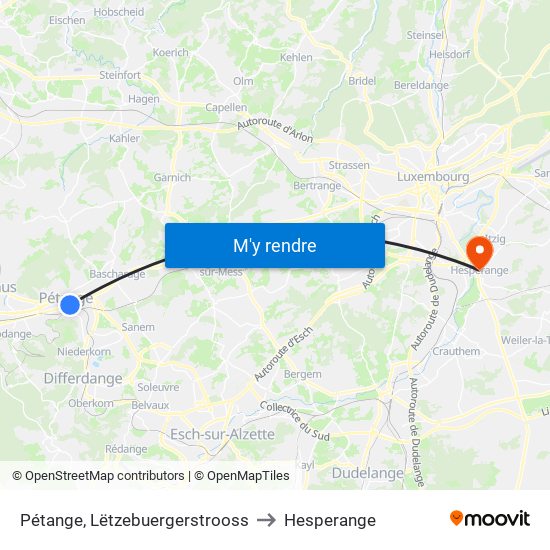 Pétange, Lëtzebuergerstrooss to Hesperange map