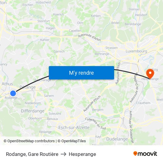 Rodange, Gare Routière to Hesperange map