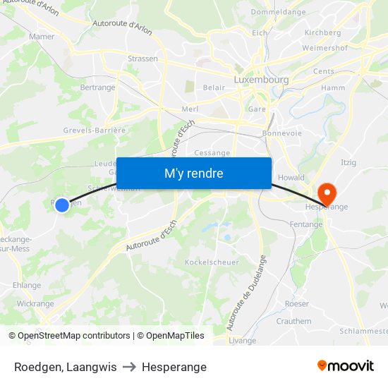 Roedgen, Laangwis to Hesperange map