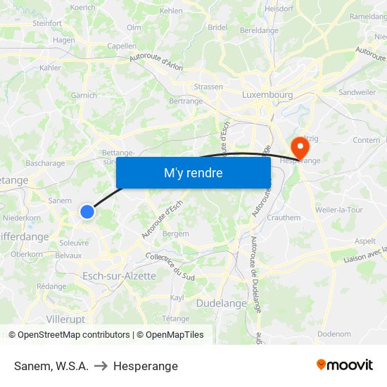 Sanem, W.S.A. to Hesperange map