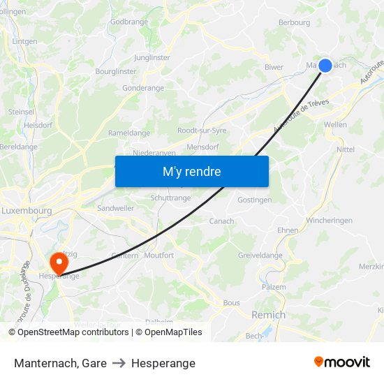 Manternach, Gare to Hesperange map