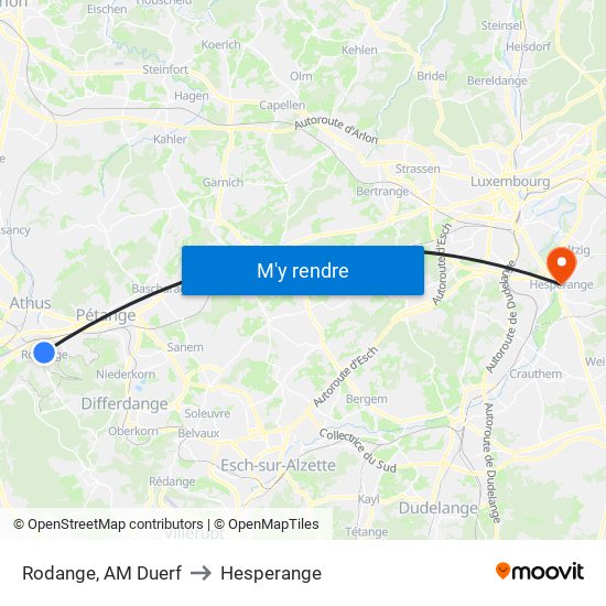 Rodange, AM Duerf to Hesperange map