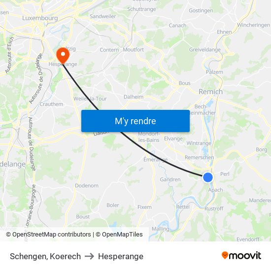 Schengen, Koerech to Hesperange map