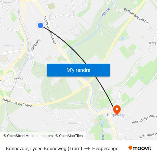 Bonnevoie, Lycée Bouneweg (Tram) to Hesperange map