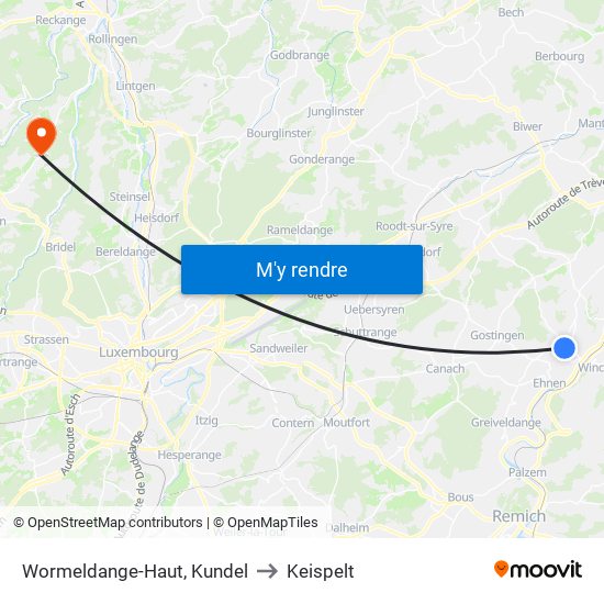 Wormeldange-Haut, Kundel to Keispelt map