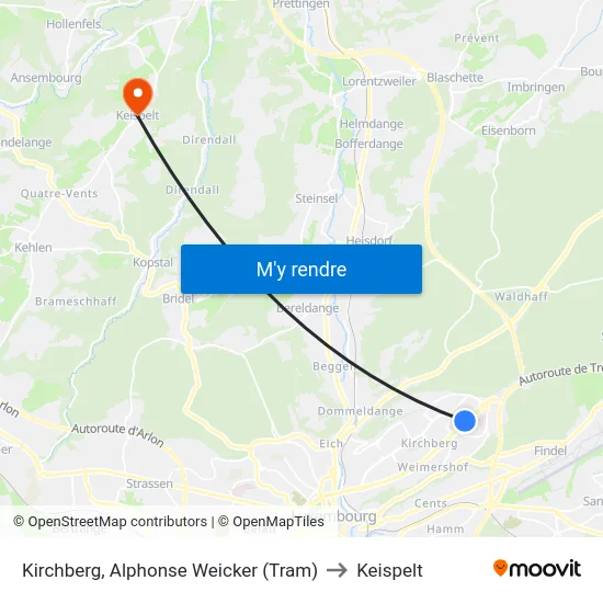 Kirchberg, Alphonse Weicker (Tram) to Keispelt map