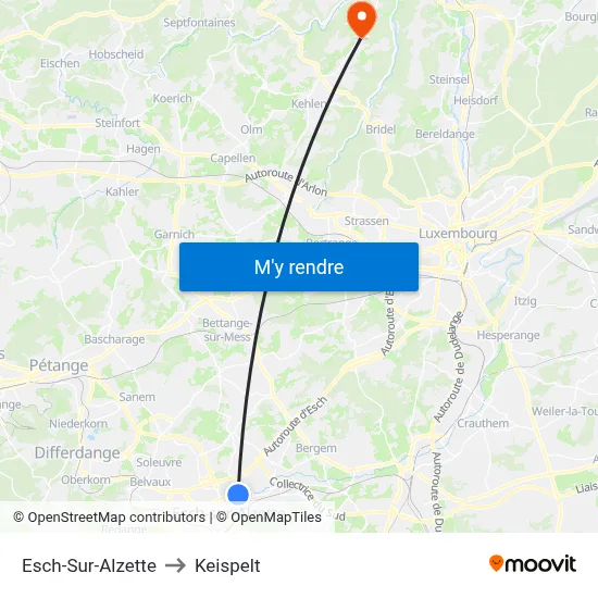 Esch-Sur-Alzette to Keispelt map