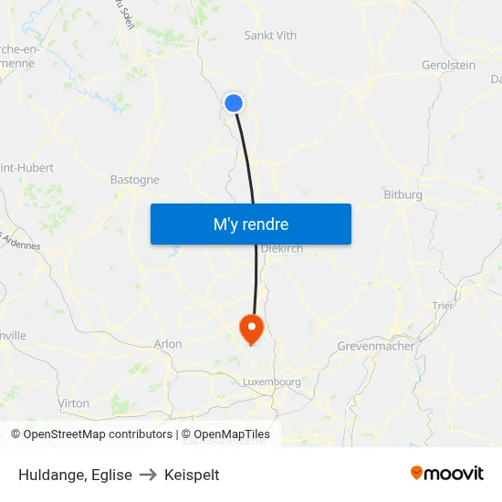 Huldange, Eglise to Keispelt map