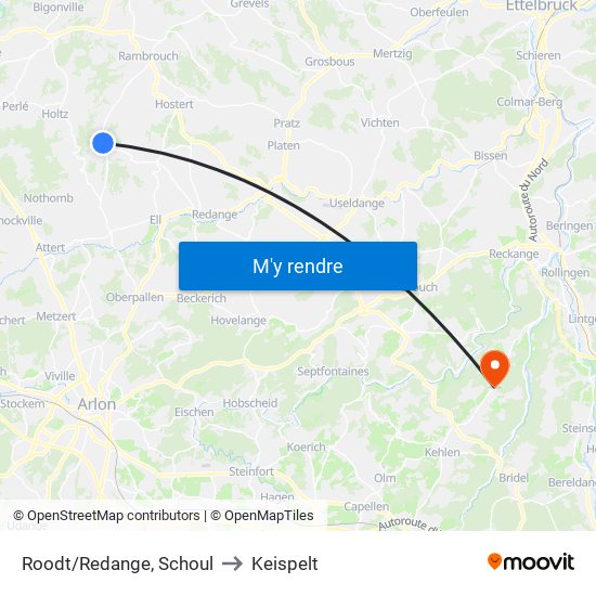 Roodt/Redange, Schoul to Keispelt map