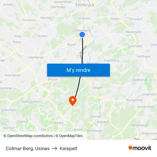 Colmar-Berg, Usines to Keispelt map