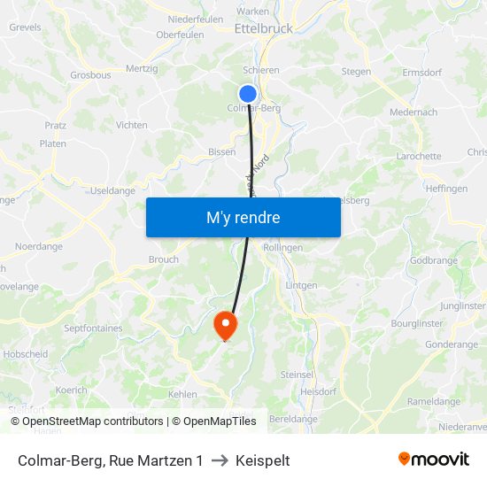 Colmar-Berg, Rue Martzen 1 to Keispelt map