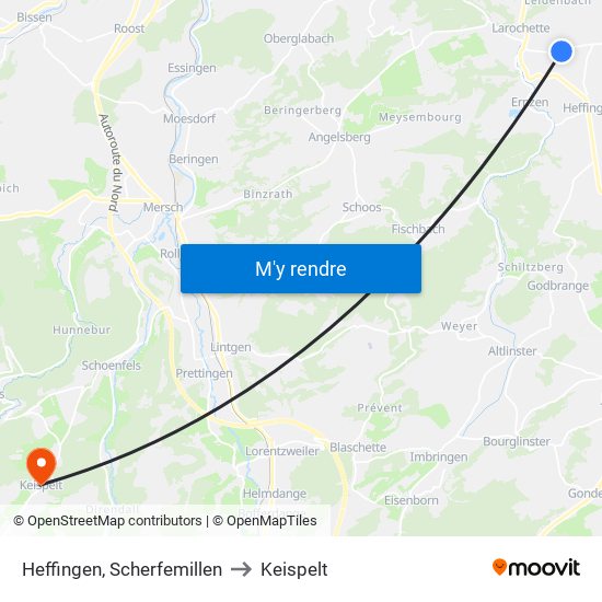 Heffingen, Scherfemillen to Keispelt map