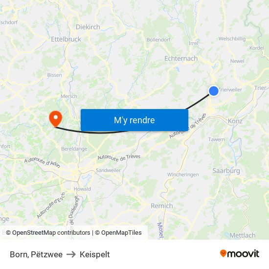 Born, Pëtzwee to Keispelt map