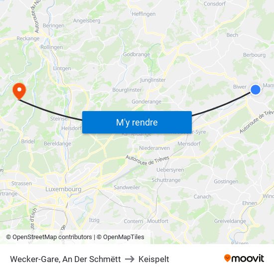 Wecker-Gare, An Der Schmëtt to Keispelt map