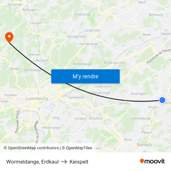 Wormeldange, Erdkaul to Keispelt map