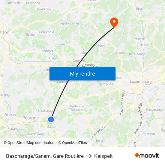 Bascharage/Sanem, Gare Routière to Keispelt map