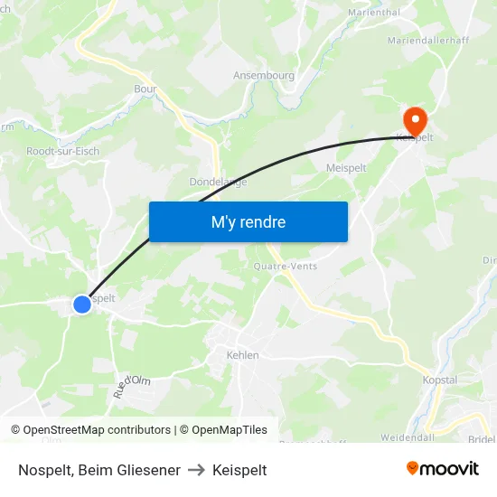 Nospelt, Beim Gliesener to Keispelt map