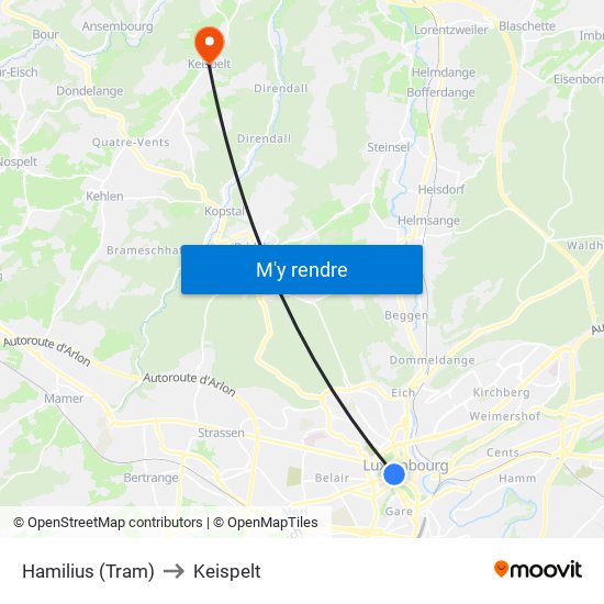 Hamilius (Tram) to Keispelt map