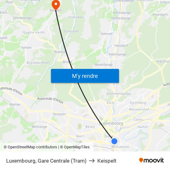 Luxembourg, Gare Centrale (Tram) to Keispelt map