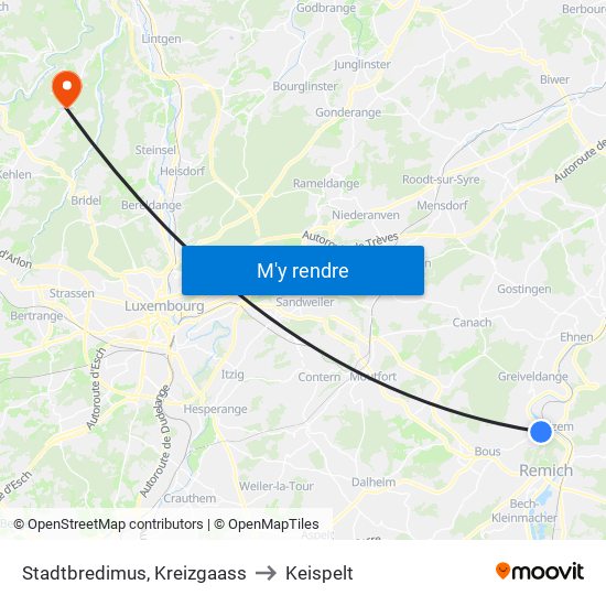 Stadtbredimus, Kreizgaass to Keispelt map