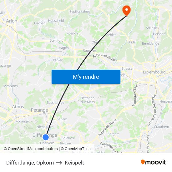 Differdange, Opkorn to Keispelt map