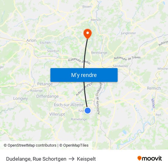 Dudelange, Rue Schortgen to Keispelt map