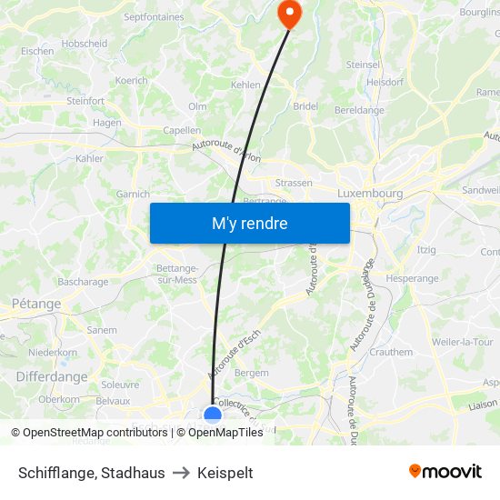 Schifflange, Stadhaus to Keispelt map