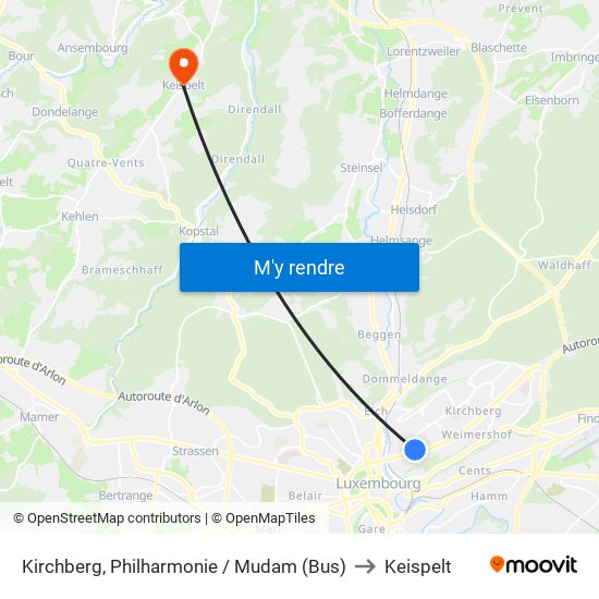 Kirchberg, Philharmonie / Mudam (Bus) to Keispelt map
