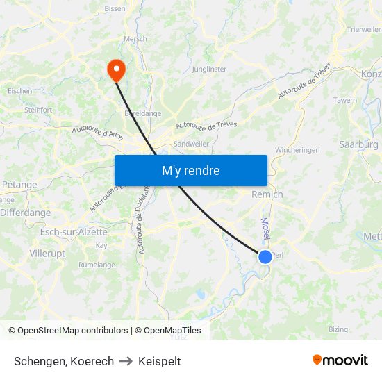 Schengen, Koerech to Keispelt map