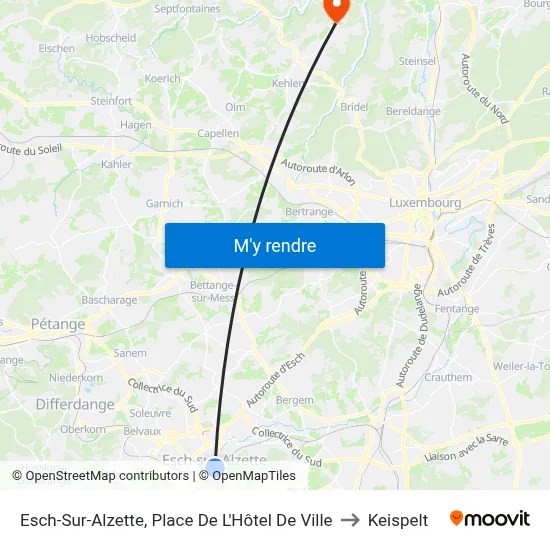 Esch-Sur-Alzette, Place De L'Hôtel De Ville to Keispelt map
