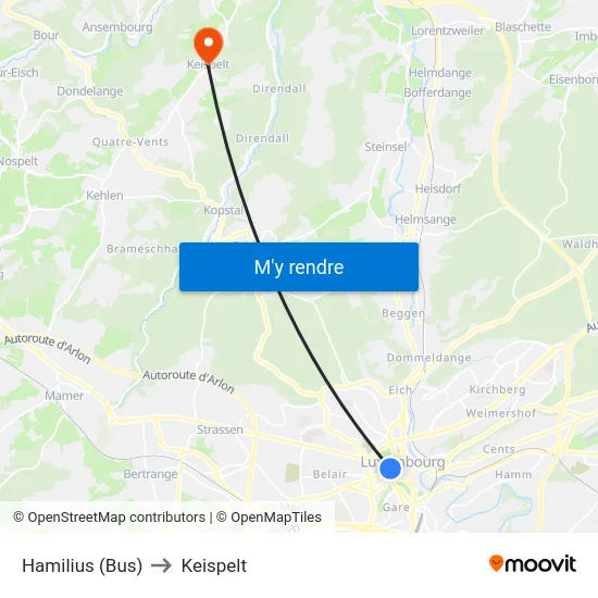 Hamilius (Bus) to Keispelt map