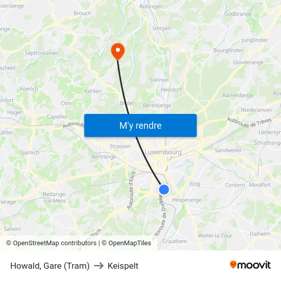 Howald, Gare (Tram) to Keispelt map