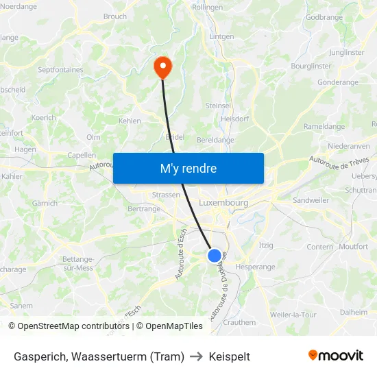 Gasperich, Waassertuerm (Tram) to Keispelt map