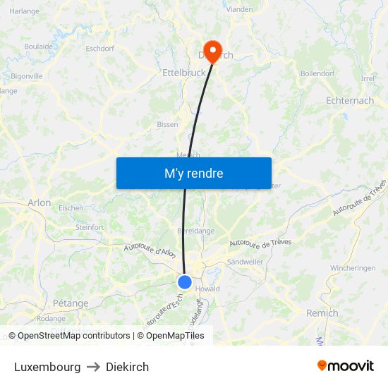 Luxembourg to Diekirch map
