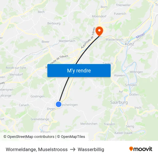 Wormeldange, Muselstrooss to Wasserbillig map