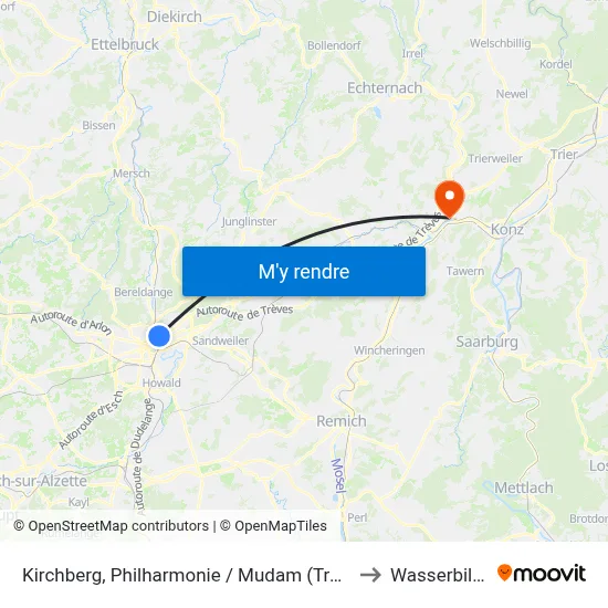 Kirchberg, Philharmonie / Mudam (Tram) to Wasserbillig map