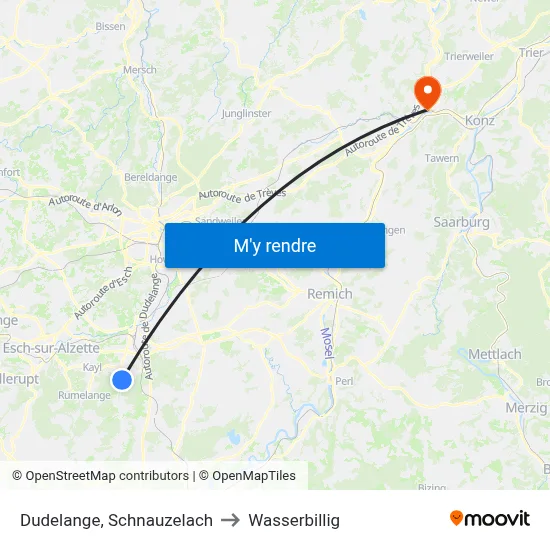 Dudelange, Schnauzelach to Wasserbillig map