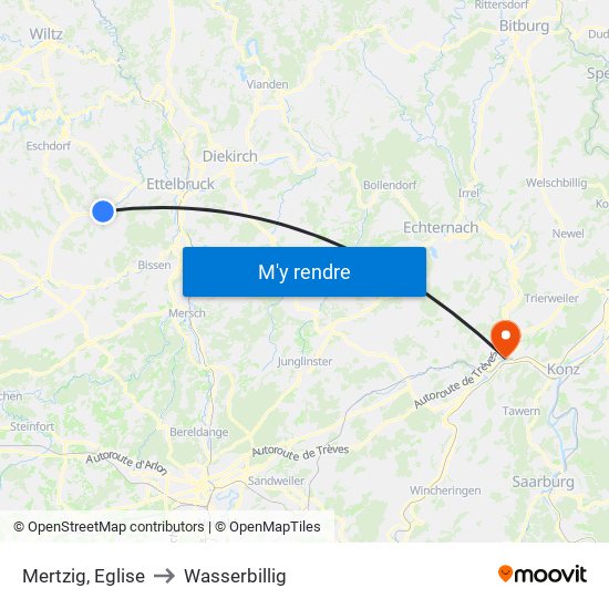 Mertzig, Eglise to Wasserbillig map