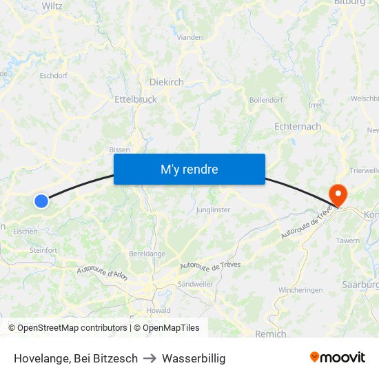 Hovelange, Bei Bitzesch to Wasserbillig map