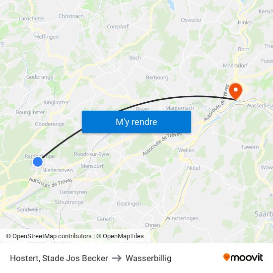 Hostert, Stade Jos Becker to Wasserbillig map