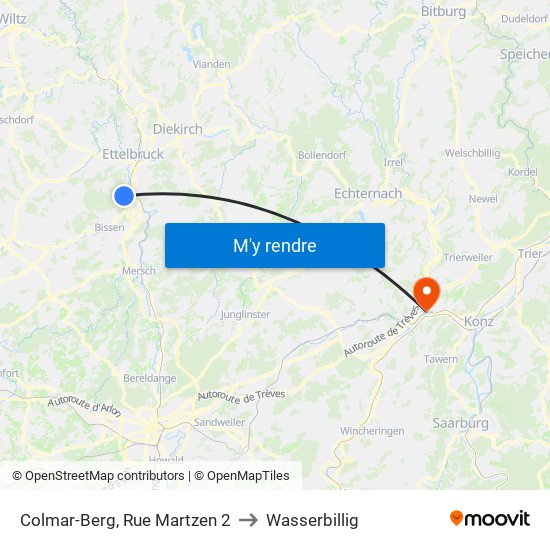 Colmar-Berg, Rue Martzen 2 to Wasserbillig map