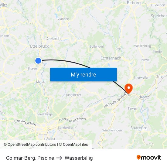 Colmar-Berg, Piscine to Wasserbillig map