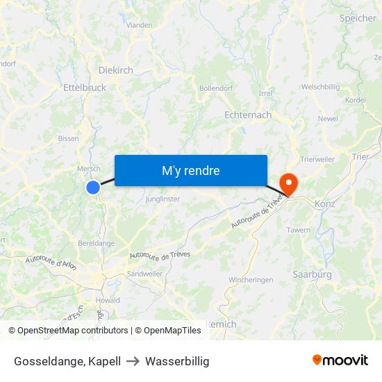 Gosseldange, Kapell to Wasserbillig map